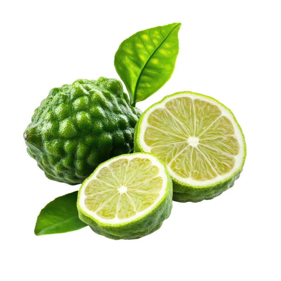 Fresh bergamot fruit with half and leaf isolated on a transparent background for culinary and health applications, bergamot with half and leaf isolated on transparent background png