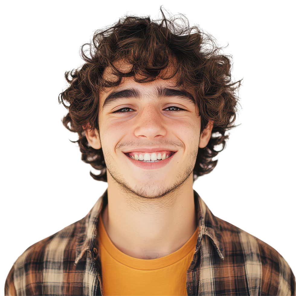 A young man with curly hair wearing a flannel shirt smiles brightly against a neutral, A young man with curly hair and a flannel shirt smiling and looking directly at the camera png