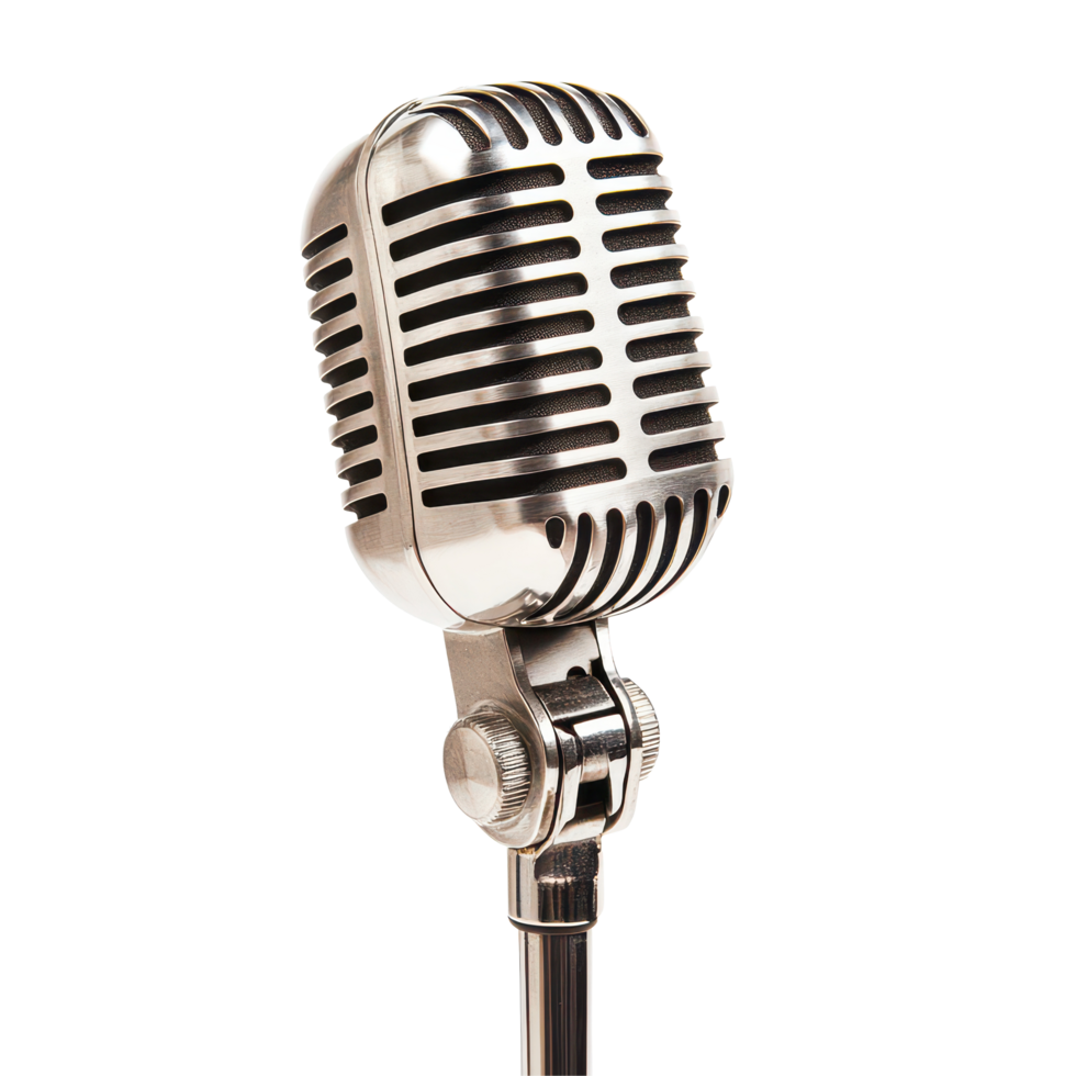 A classic retro silver music microphone against a clean transparent background showcasing timeless elegance, A retro classic silver music microphone, transparent background. png