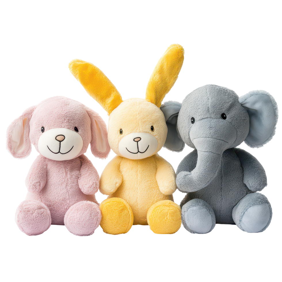Assorted cute plush animal toys featuring a pink rabbit, yellow rabbit, and gray elephant, Assorted Cute Plush Animal Toys Rabbit, Elephant, Monkey on transparent background png