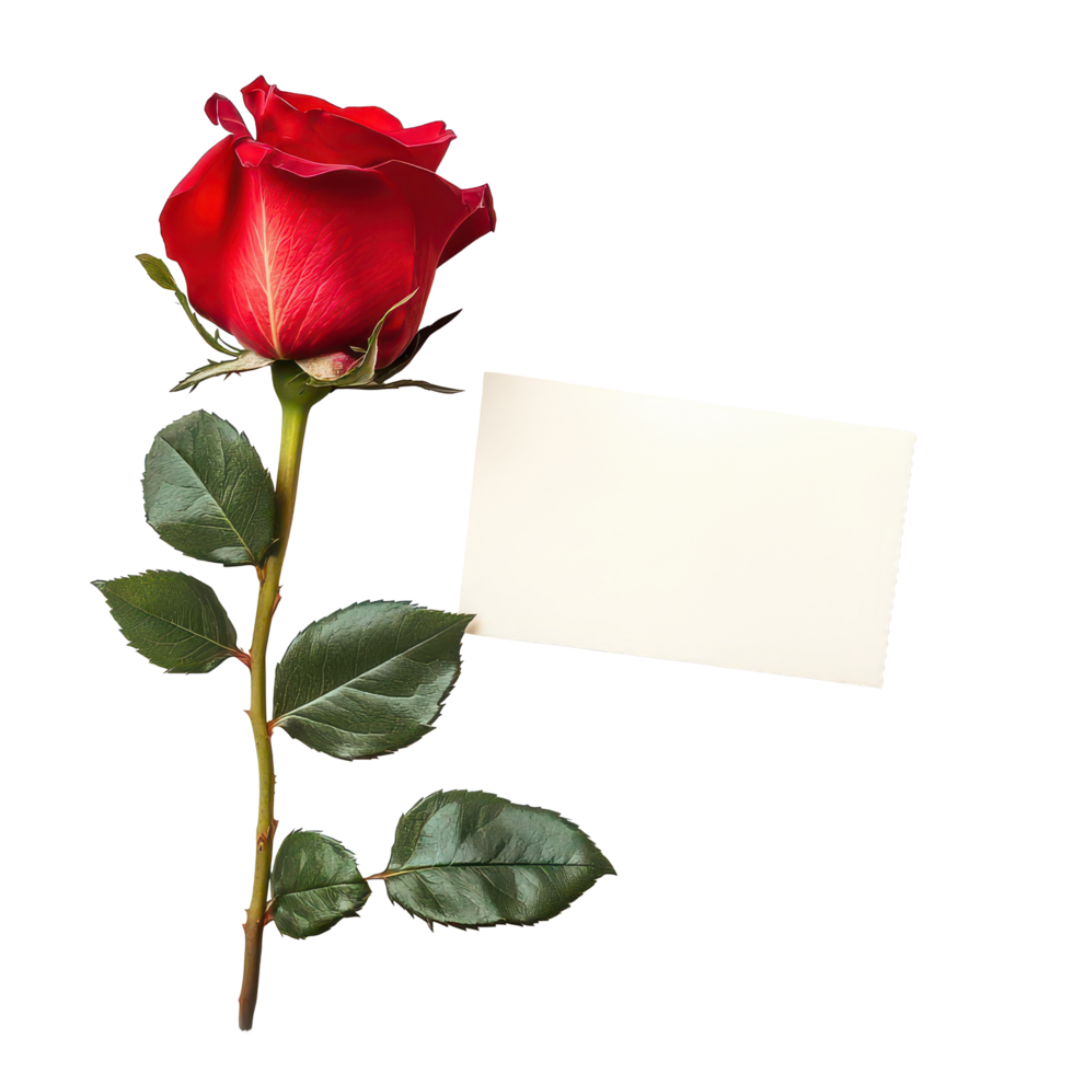 A stunning red rose with a blank card lying on a clean transparent background for romantic occasions and heartfelt messages, Beautiful red rose and card isolated on transparent background png