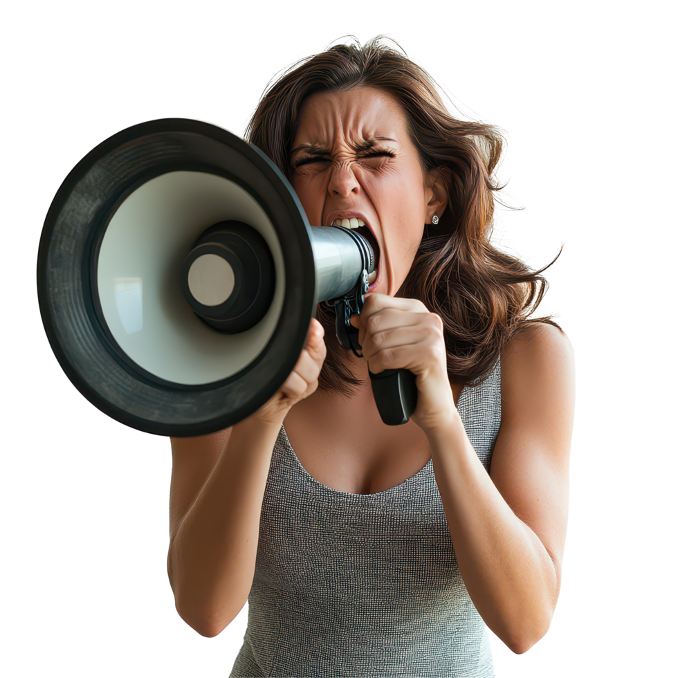 Chic brunette woman passionately shouting into a loudspeaker indoors during a rally or event, A Chic Brunette Lady Shouting into a Loudspeaker, transparent background. png