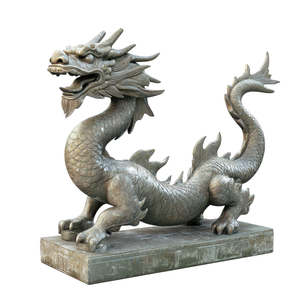 Antique dragon statue crafted from stone, displaying intricate design, isolated on a clean transparent background, Antique Dragon Statue Isolated on transparent background png