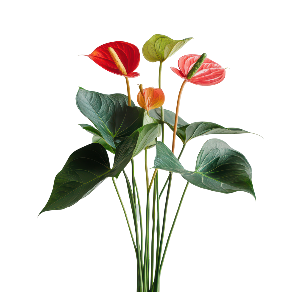 Anthurium plant displaying vibrant red and green blooms against a simple transparent background, Anthurium plant transparent background png