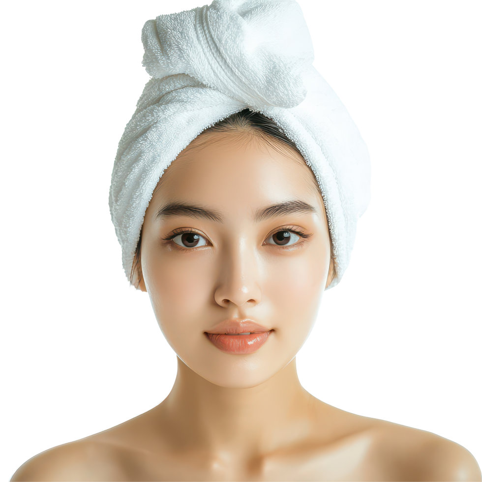 Asian woman relaxing in a spa environment with a towel wrapped around her head, Asian Woman with Towel Wrapped Around Head, Spa and Skincare Concept Isolated on transparent background png