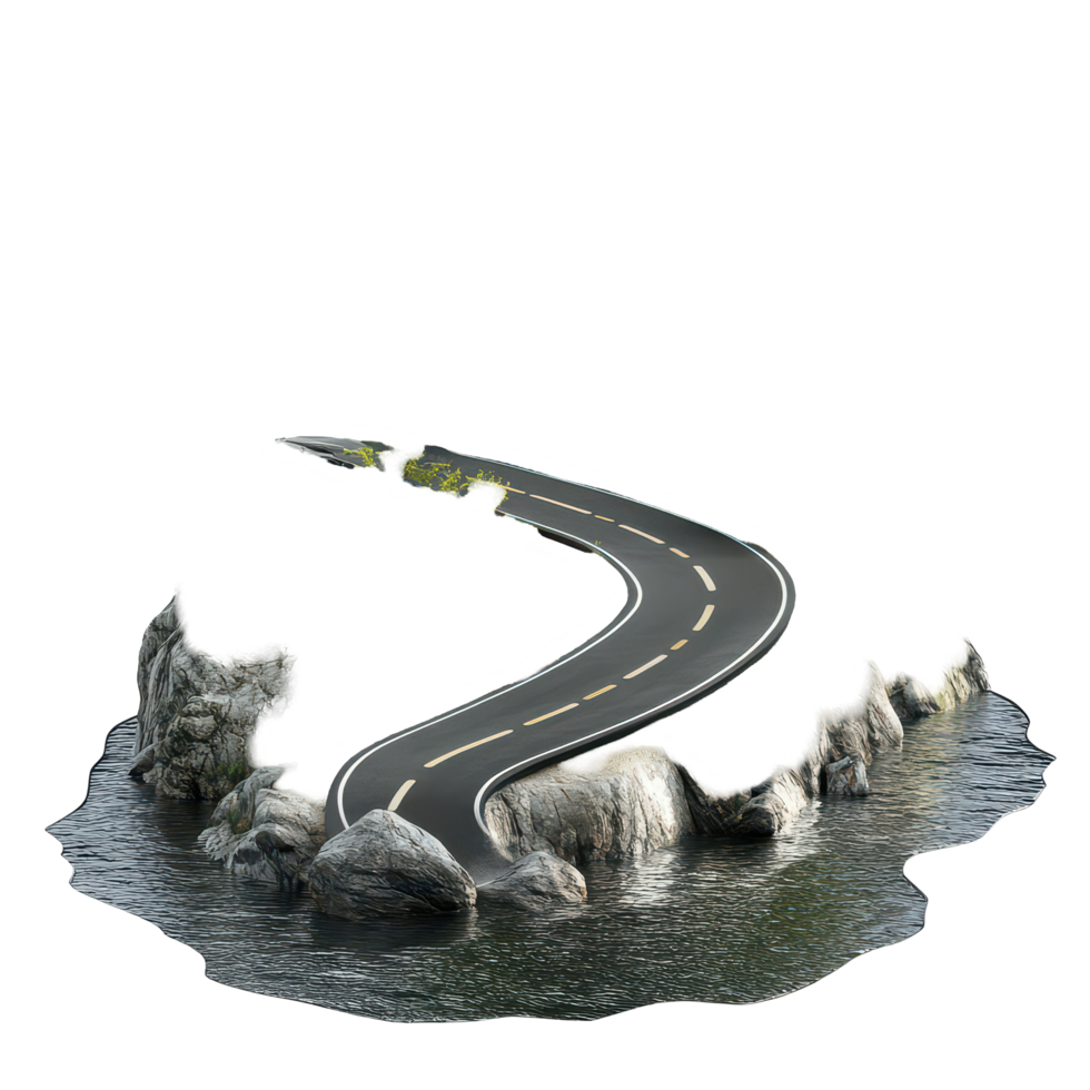 A unique floating road winds through a rocky island surrounded by calm water in a serene, 3D realistic a Floating Road on Rocky Island, isolated on transparent background Background png