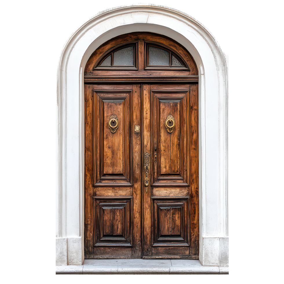 Elegant antique wooden door with brass numbers and arched entrance in a quaint architectural setting, Antique Door with Brass Numbers Elegant Wooden Entrance to Historic Building png