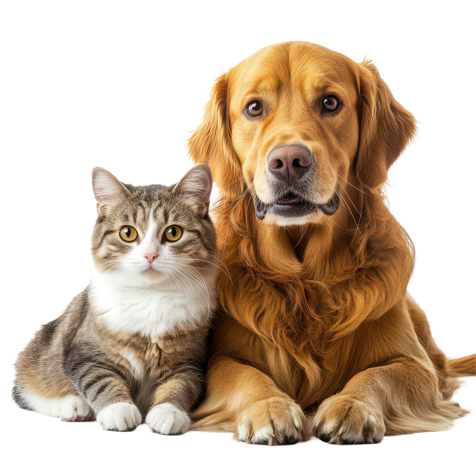 A golden retriever and a tabby cat sitting together on a transparent background, posing for a friendly portrait, A dog and a cat posing together for a picture, transparent background. png