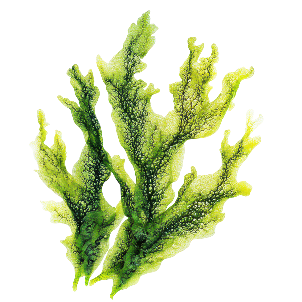 Vibrant green algae isolated on a transparent background showcasing intricate textures and patterns in natural form, Algaeisolated on transparent background Algae png