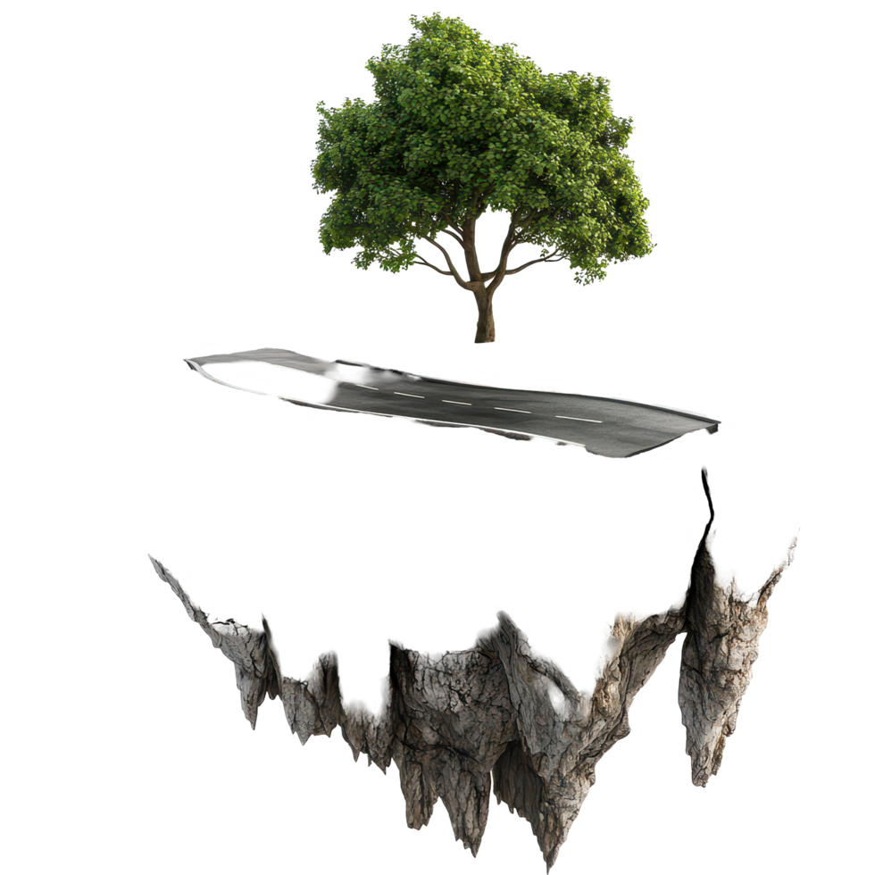 A unique floating road with a tree atop a rocky island creates a surreal landscape, 3D realistic a Floating Road with Tree on Rocky Island, isolated on transparent background Background png