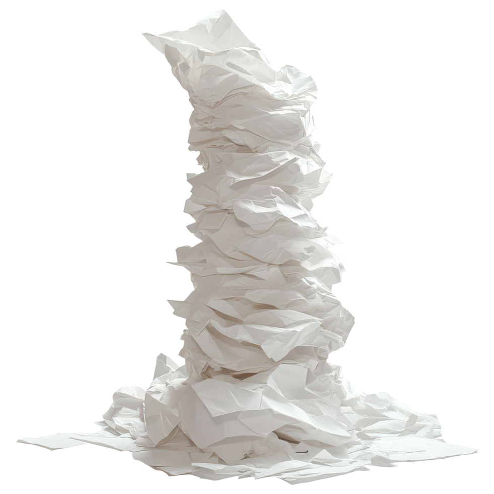 A towering sculpture of crumpled papers creating an artful display in a minimalistic setting, Artful Chaos A Tower Crumpled Papers, transparent background. png
