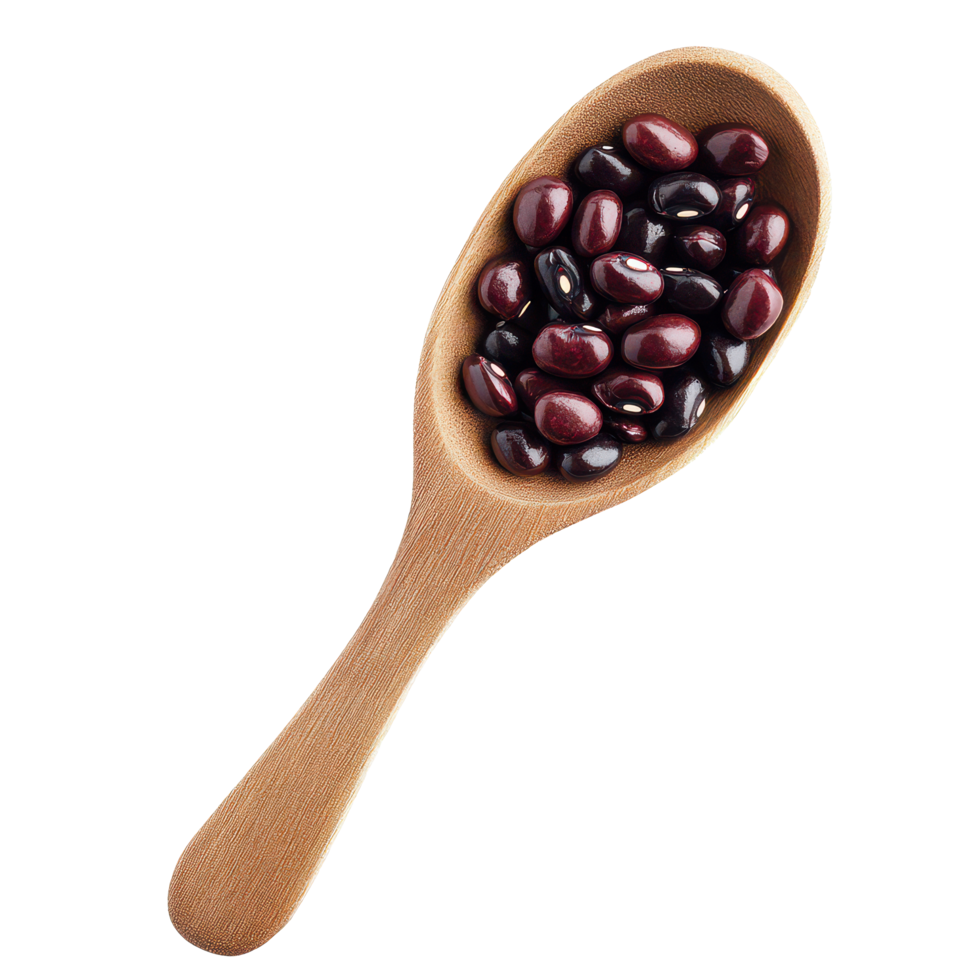 Fresh azuki beans in a wooden spoon, isolated against a clean transparent background, showcasing natural food ingredients, Azuki Bean in wood spoonisolated on transparent background png