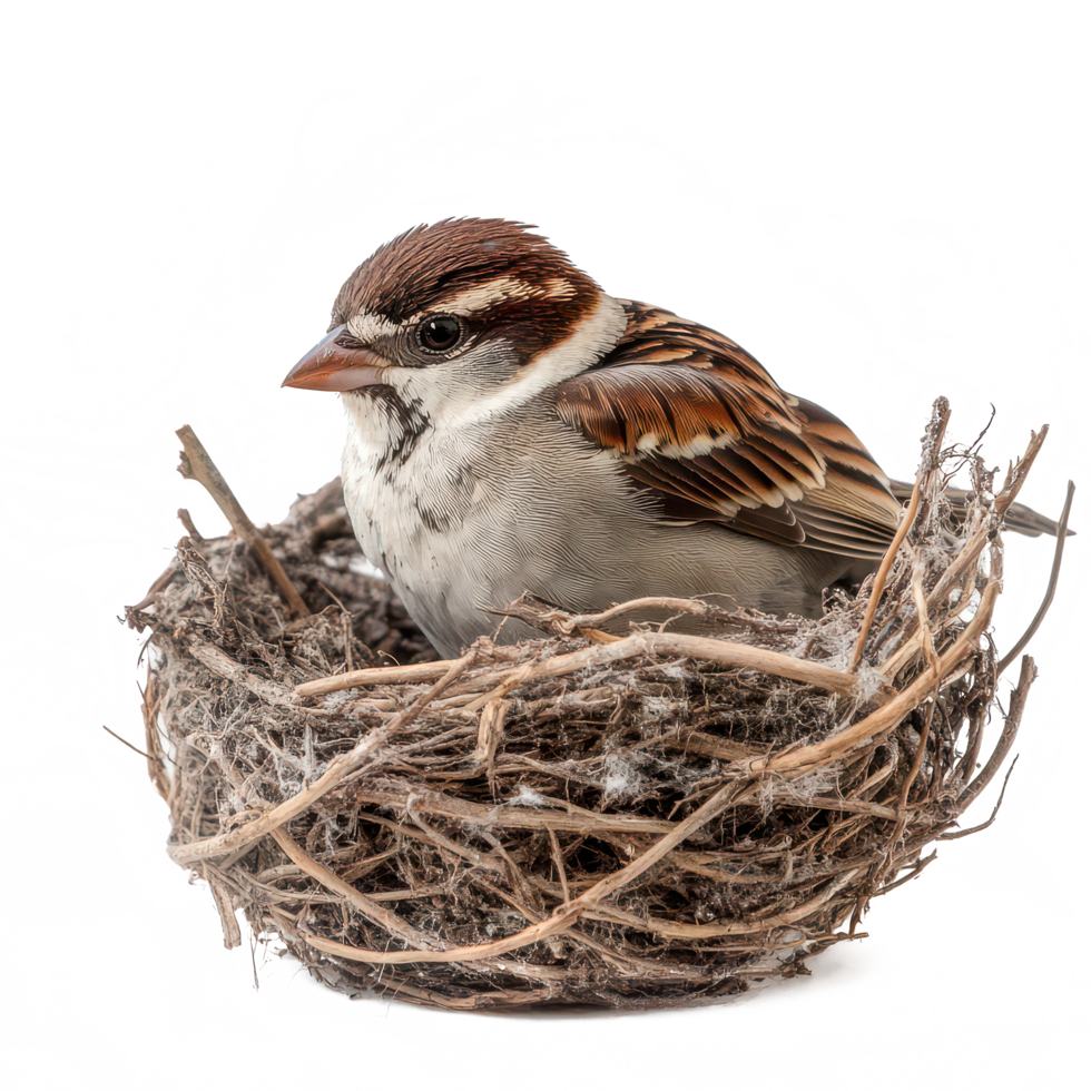 A beautiful sparrow resting peacefully in its cozy nest against a clean transparent background, beautiful sparrow in its nest on transparent background png