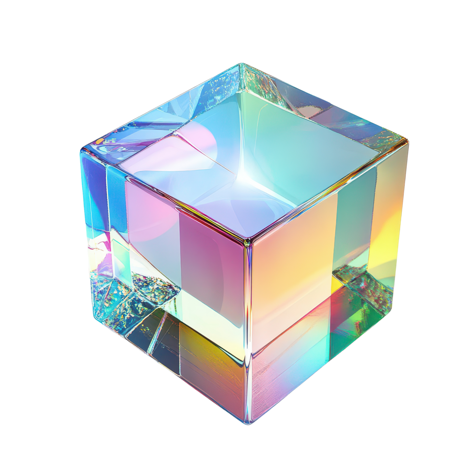 A crystal glass cube showcasing vibrant refraction and intricate holograph patterns under bright, 3d crystal glass bubble with refraction and holographic effect isolated on transparent background png