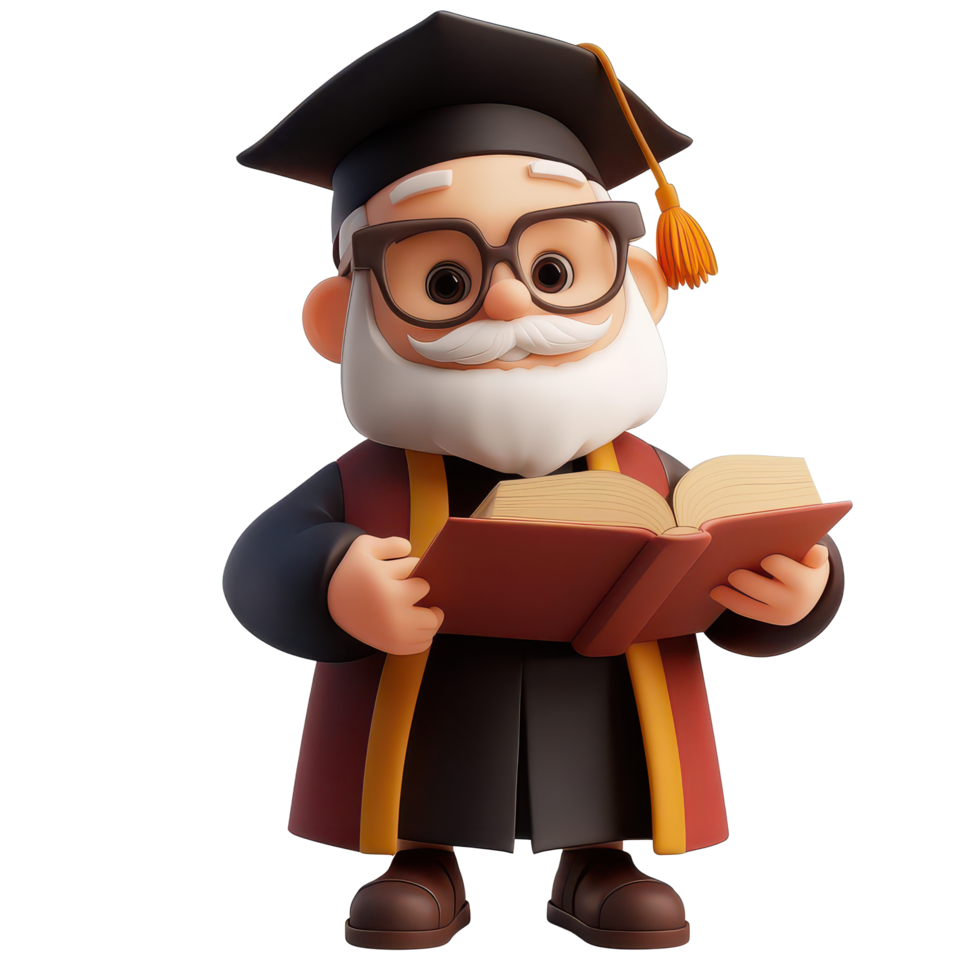 Scholar character wearing a graduation cap and gown, reading a book against a plain transparent background, 3D Scholar Character on transparent background png