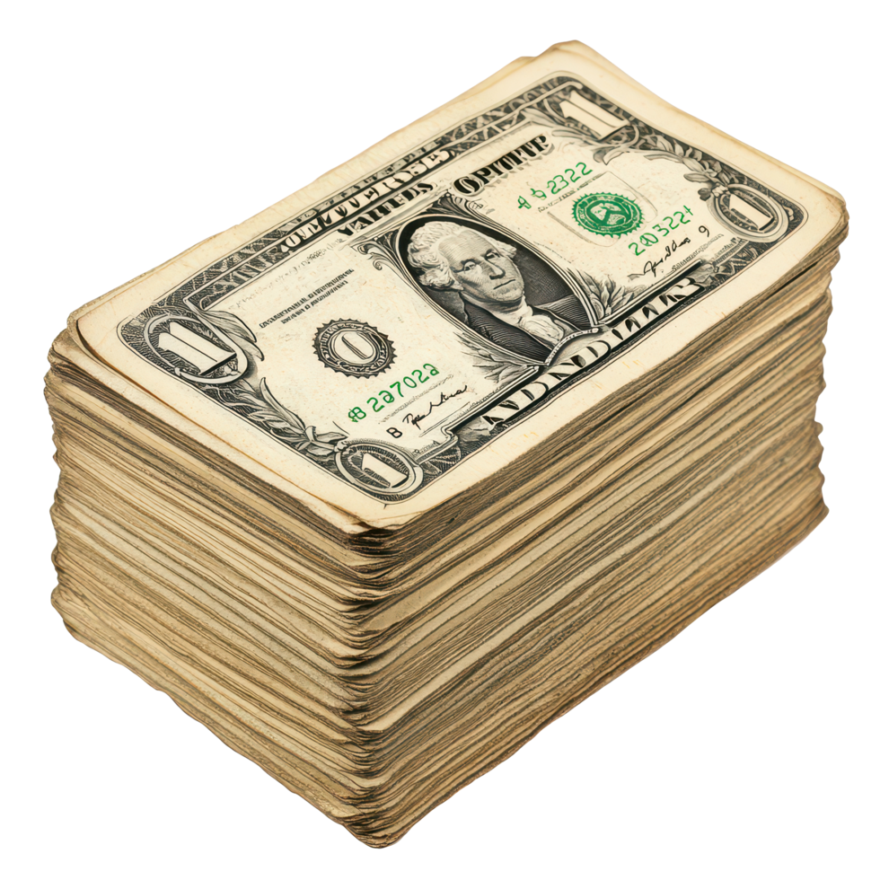 A stack of old American one dollar bills displayed on a clean transparent background emphasizing historical currency value, A stack old American currency, transparent background. png