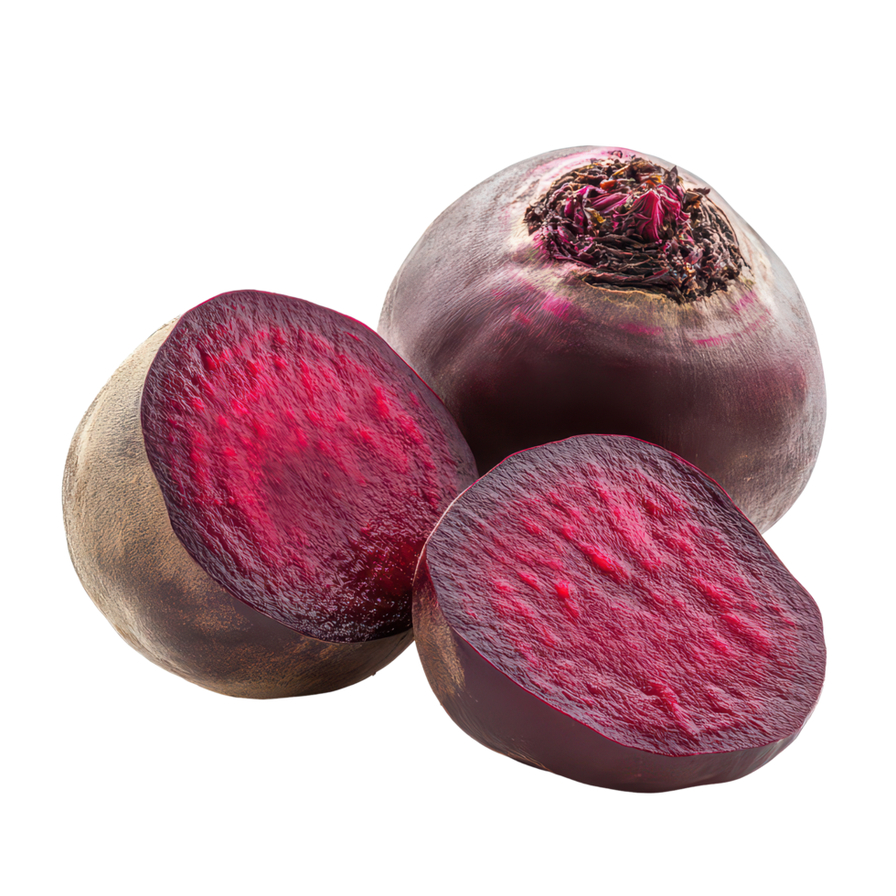Freshly harvested beetroot vegetables and one half cut on a clean transparent background, beetroot vegetables and a half isolated on transparent background png