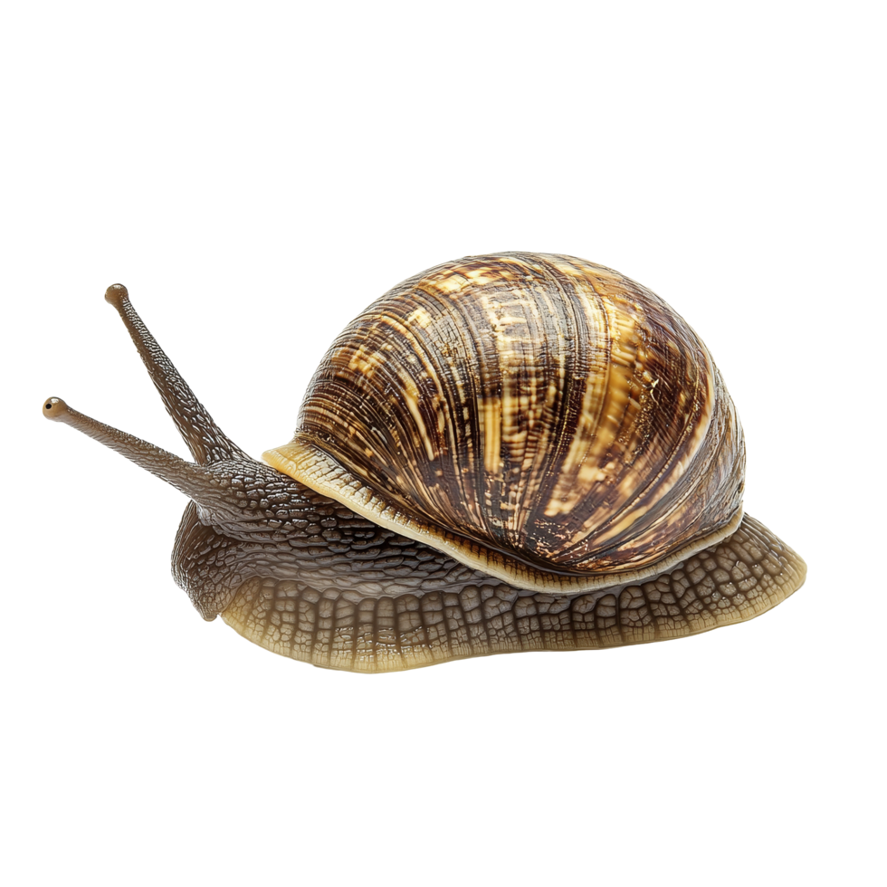This isolated snail rests on a bright transparent surface, revealing its intricate shell patterns and soft, slimy body, Snail isolated on transparent background png