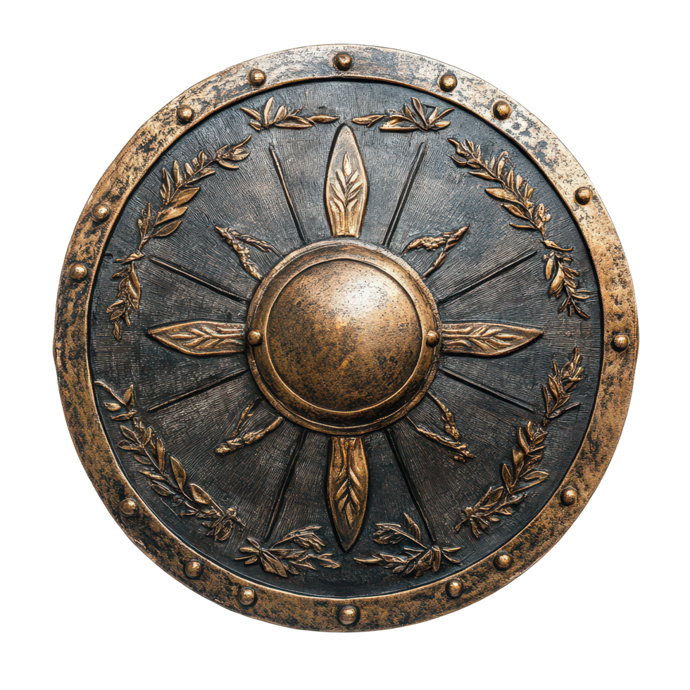 Ancient shields displayed against a transparent background, showcasing intricate designs and historical significance, ancient shields isolated transparent background or whiet background png