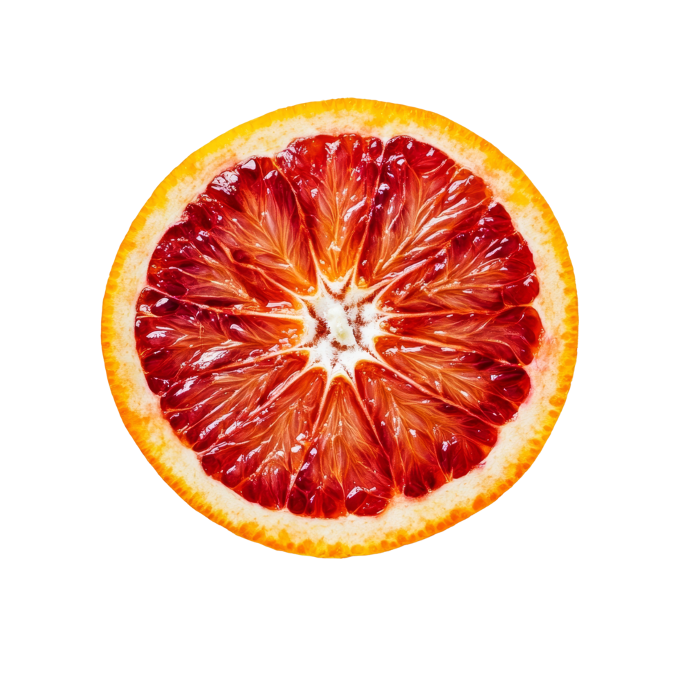 Sliced blood orange displayed on a clean transparent background showcasing its vibrant interior details, red blood orange on transparent background png