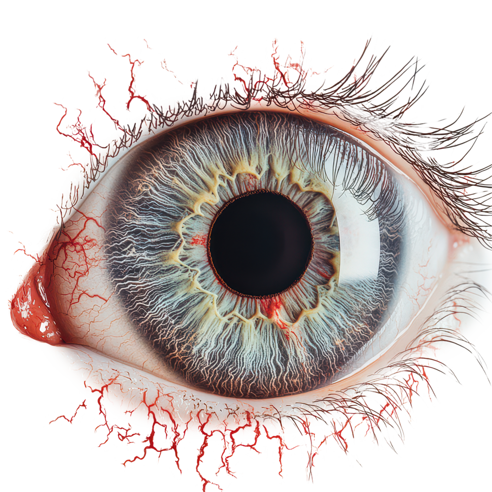 Detailed anatomical closeup of a human eye showcasing bloodshot capillaries and vibrant iris patterns, Anatomical Close up a Human Eye with Bloodshot Capillaries, transparent background. png
