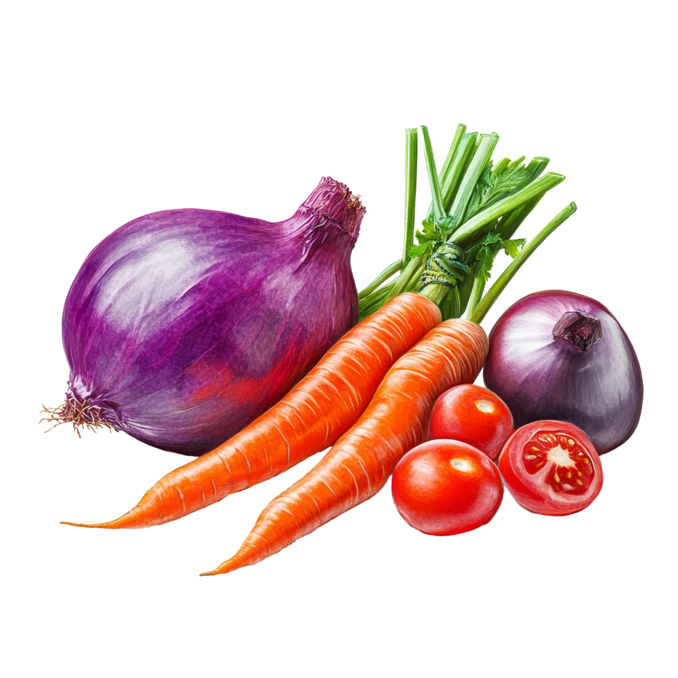 Fresh vegetables featuring red onions, carrots, and cherry tomatoes on a transparent background for culinary use, vegetable on transparent background png