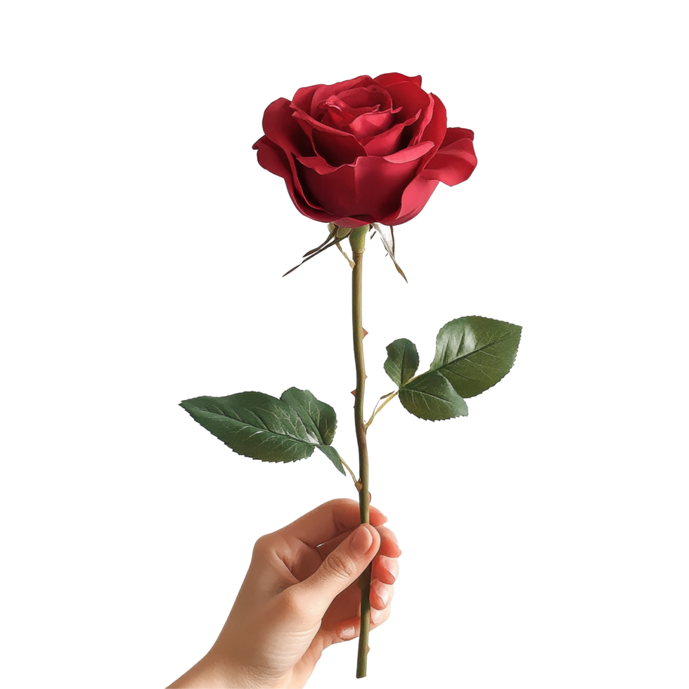 A hand gently holds a vibrant red rose against a plain transparent background for a timeless display of beauty, Single Red Rose Held in Hand on transparent background png