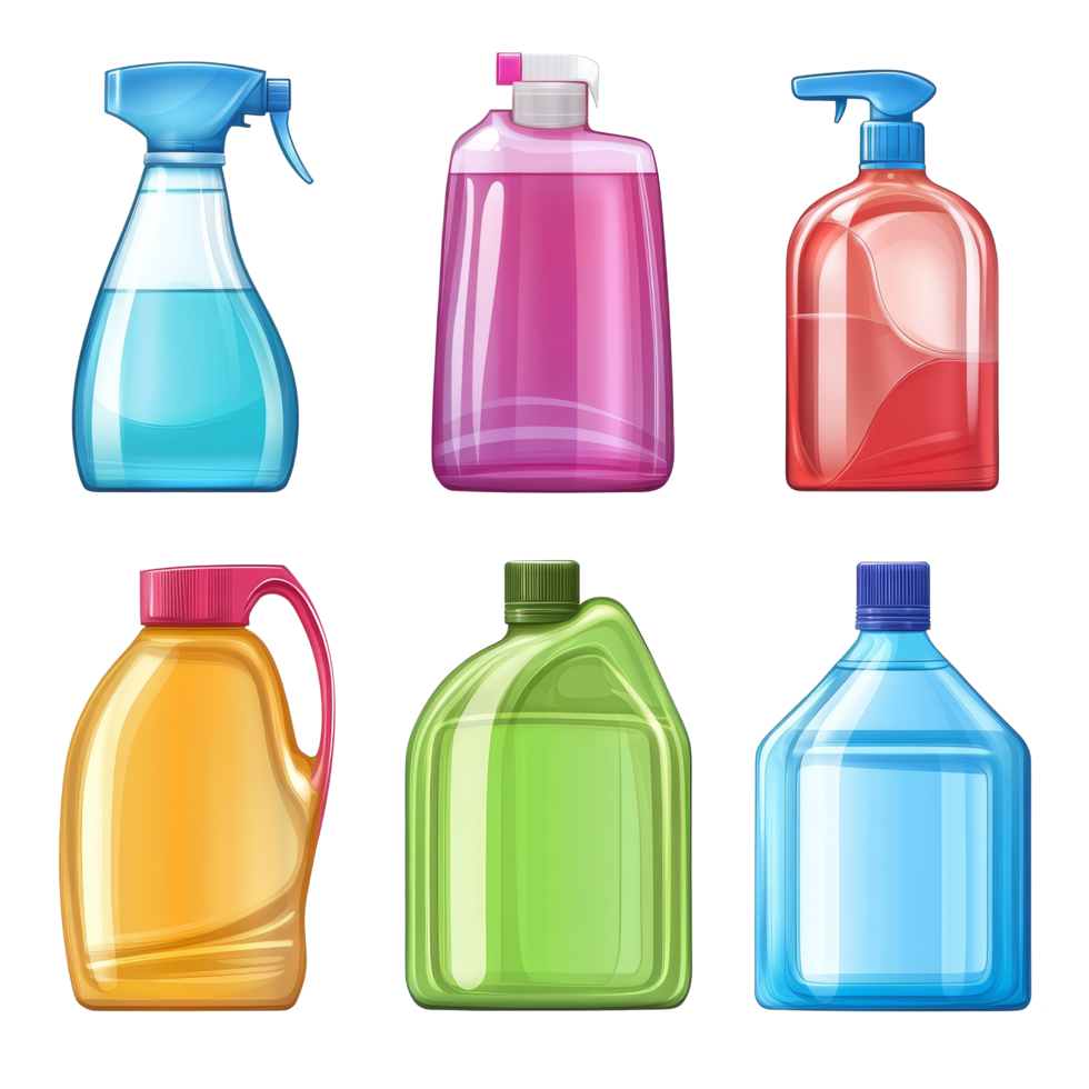 Collection of colorful liquid cleaning containers arranged on a transparent background for household cleaning solutions, liquid clean container on transparent background png