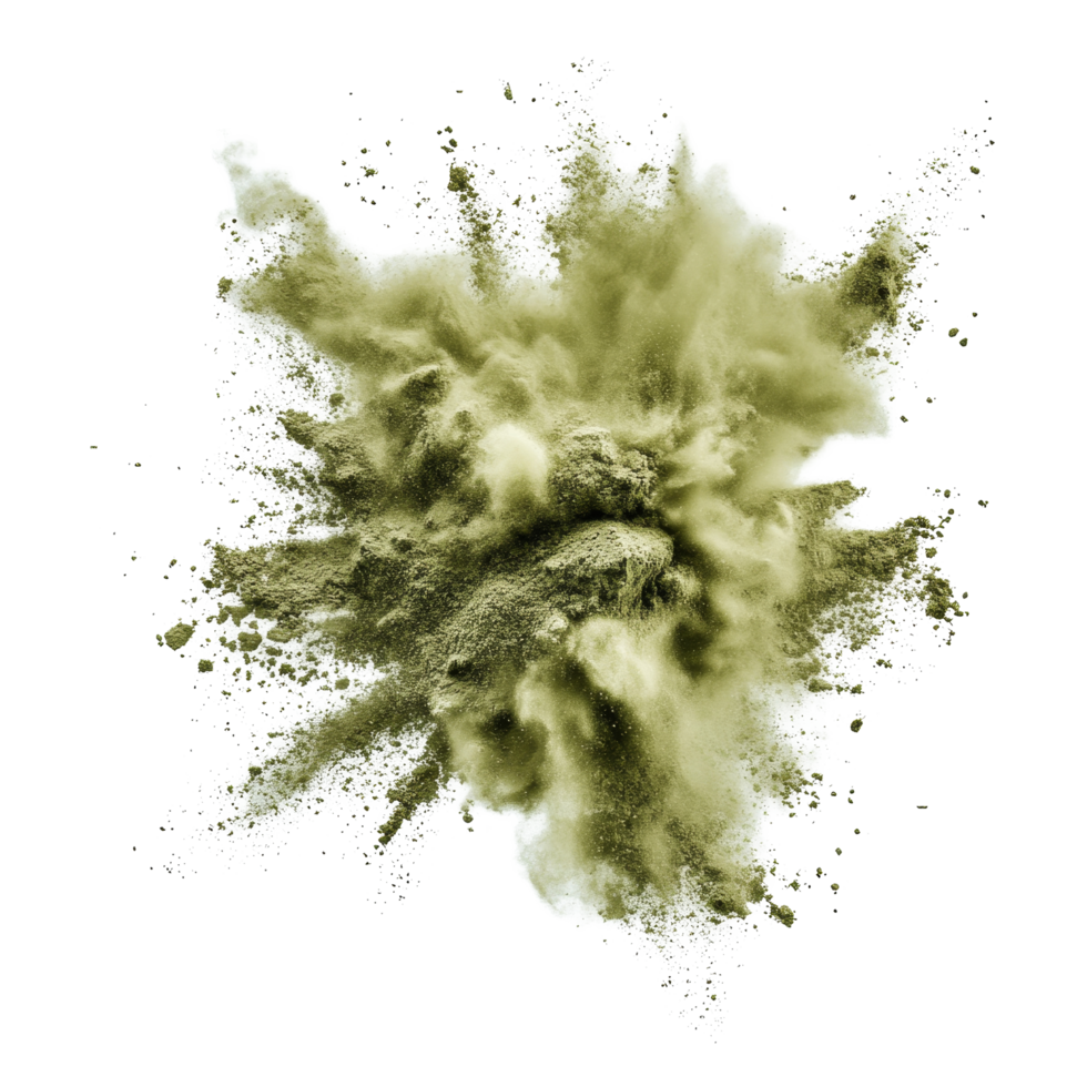 Olive green powder explosion captured against a transparent background creating an artistic and dynamic visual effect, olive green color powder pulver explosion isolated on transparent background png
