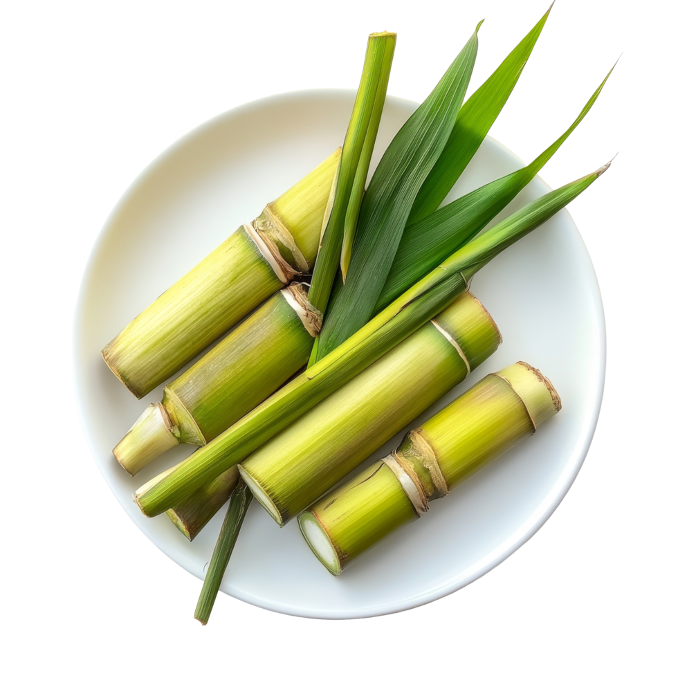 Fresh sugarcane stalks with green leaves arranged neatly on a transparent plate against a clean transparent background, sugarcane in transparent plate on transparent background png