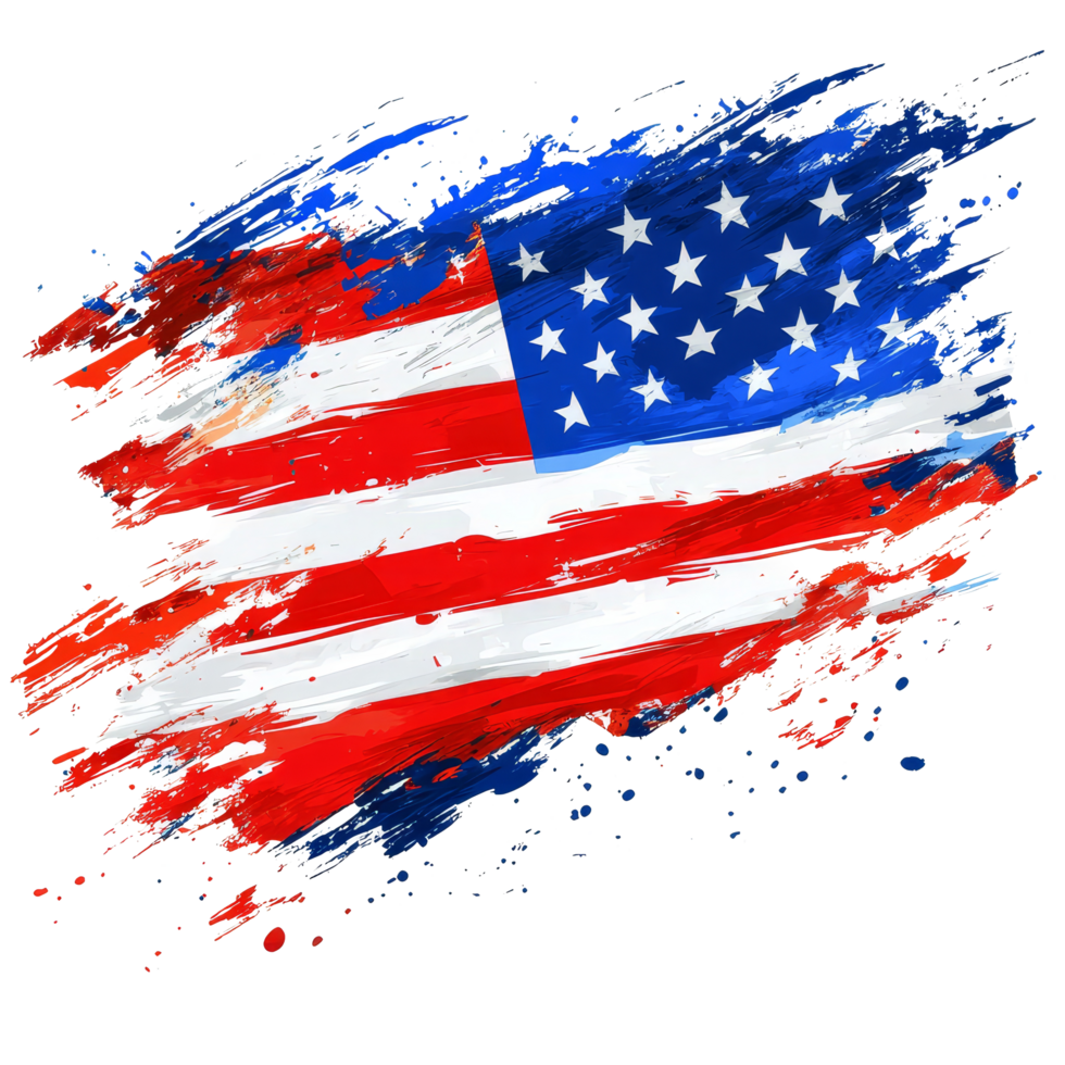 Artistic representation of the USA flag in vibrant brush strokes on a clean transparent background, usa flag brush stroke art isolated on transparent background png