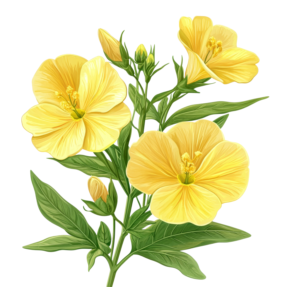 Evening primrose flowers in vibrant yellow with green leaves isolated on a transparent background, evening primrose flowers isolated on transparent background png