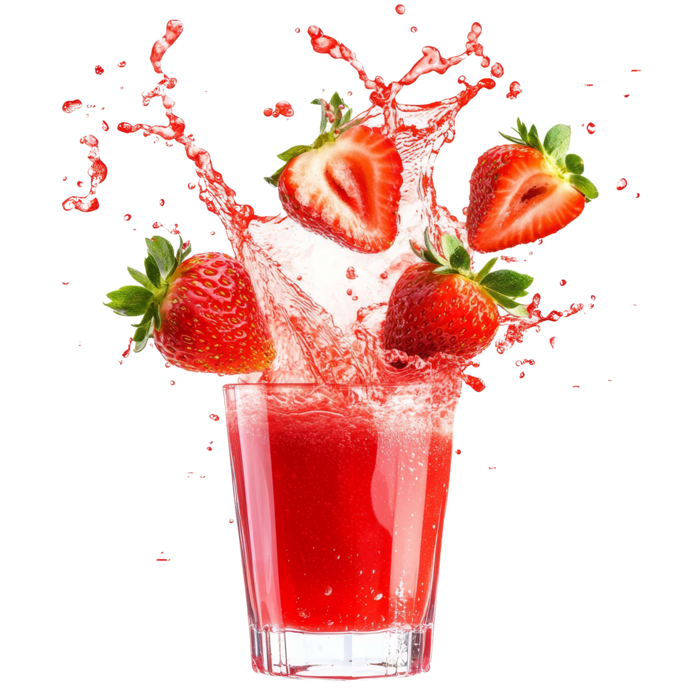 Refreshing strawberry juice splashes with ripe strawberries in a glass on a bright background, Strawberry juice splashing with its fruits isolated png
