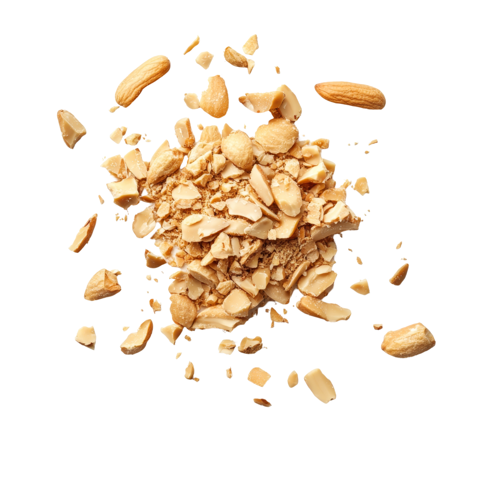 Crushed peanuts scattered over a clean transparent background showcasing their texture and natural color, Peanut crushed into pieces over transparent background png
