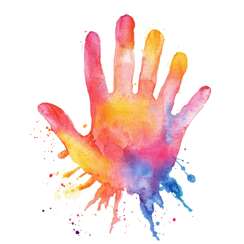 A colorful watercolor handprint on a clean transparent background, perfect for creative projects, red painted liquid water color circle isolated on transparent background png