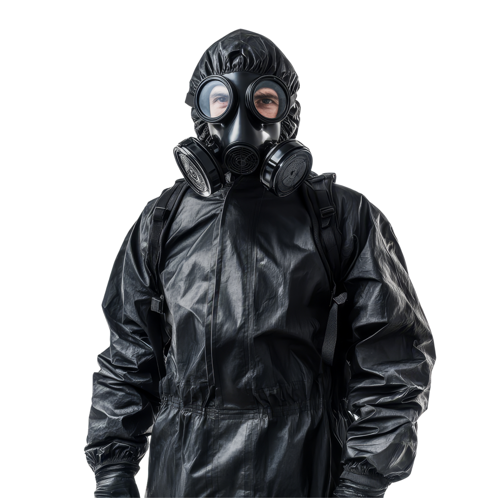 A man in a black protective suit and gas mask stands isolated against a transparent background, ready for hazardous situations, man with gas mask and black protection suit isolated on transparent background png