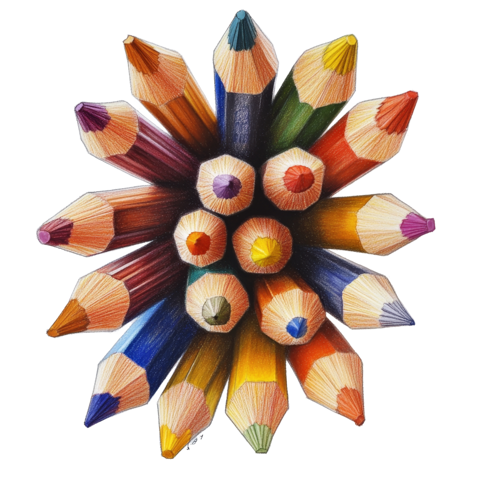 A vibrant arrangement of colored pencils radiates from a central point on a transparent background, showcasing artistic creativity and color diversity, Colored pencil on transparent background png
