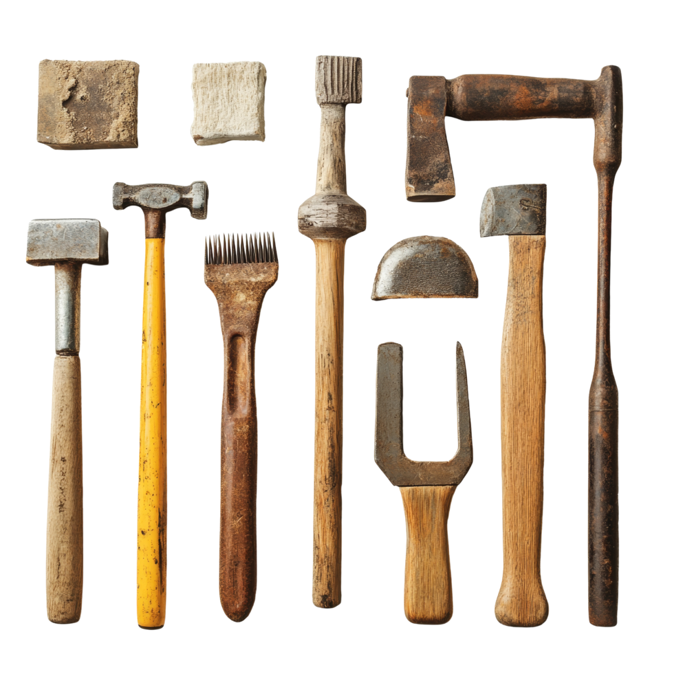 A collection of various construction tools arranged on a transparent background for creative project inspiration and craftsmanship exploration, Construction tools isolated png
