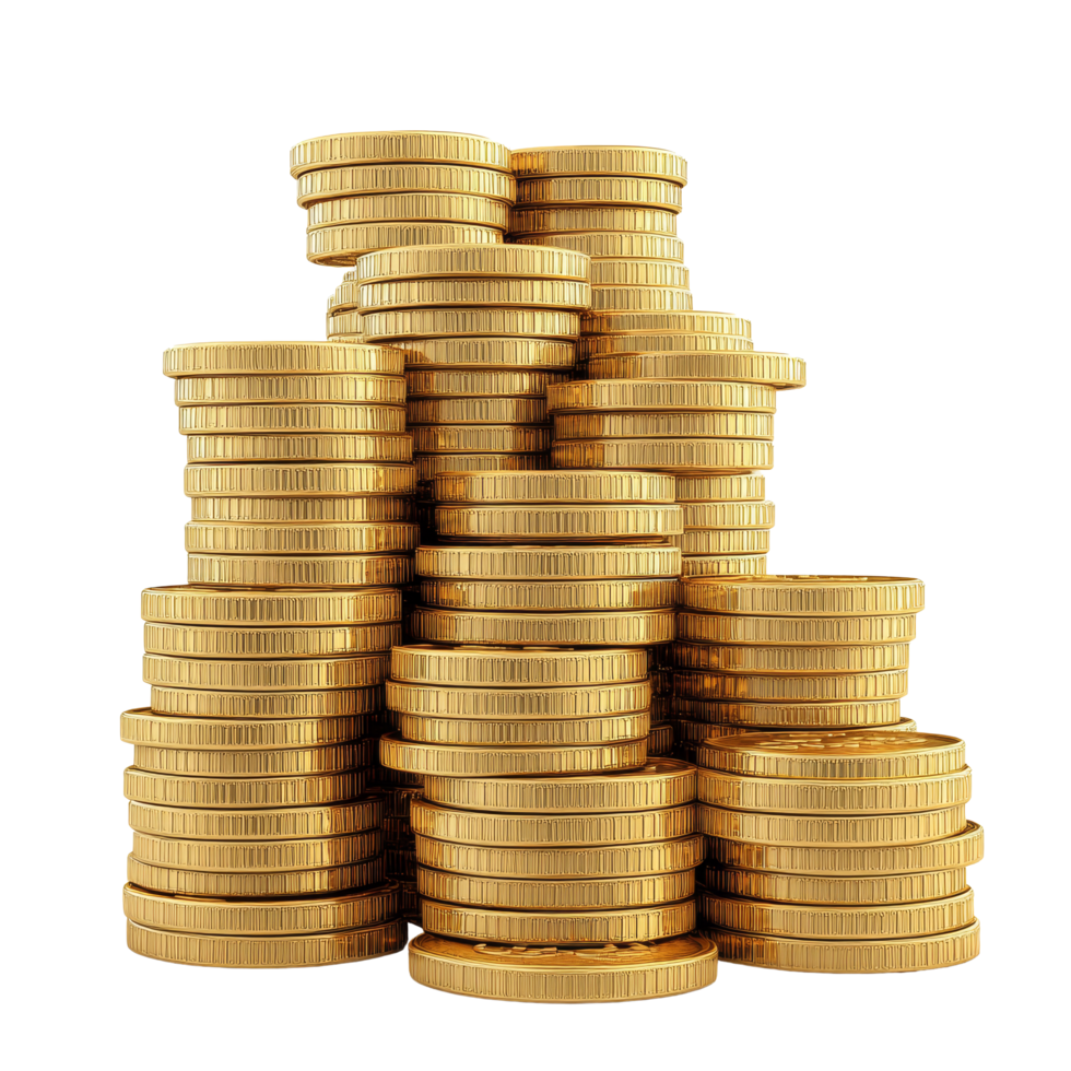 Stacks of shiny gold coins piled high on a transparent background showcasing a wealth of prosperity, 3D Cartoon Stacks of Gold Coins On transparent background png