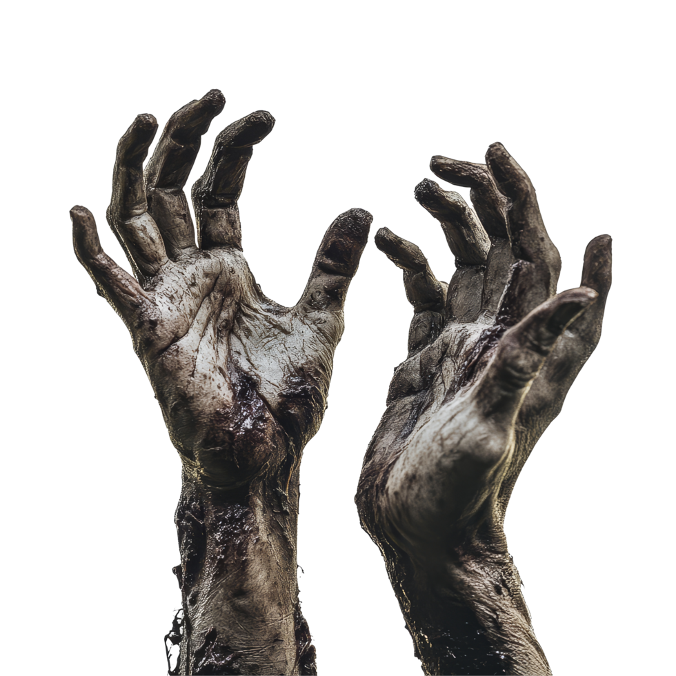 Zombie hands reaching out against a stark transparent background, conveying a haunting and eerie atmosphere, Zombies hands on transparent background png