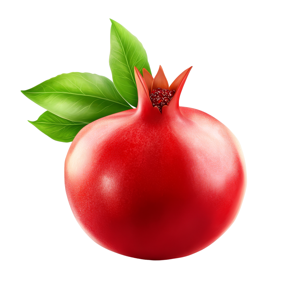 A vibrant red pomegranate sits surrounded by lush green leaves on a transparent backdrop, Pomegranate with leaves isolated on transparent background png
