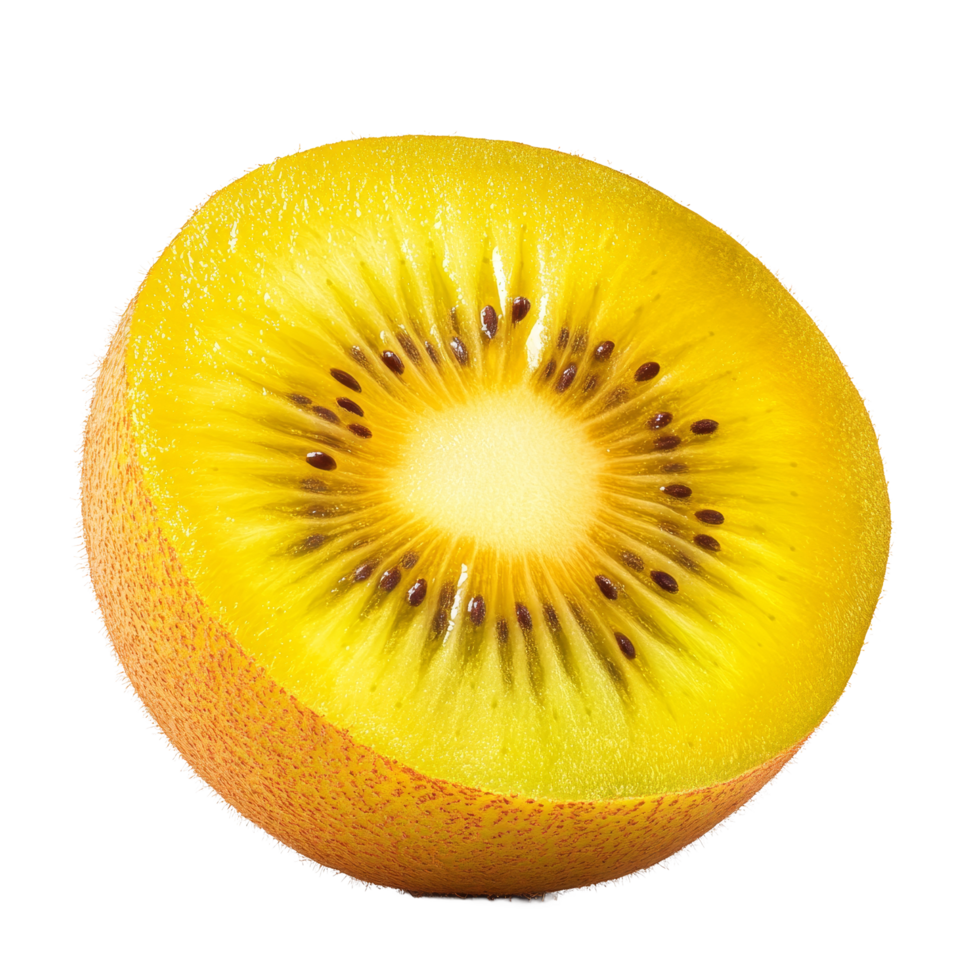 Half of a kiwi gold fruit isolated on a transparent background, showcasing its vibrant yellow flesh and unique texture, half kiwi gold fruit isolated on transparent background png