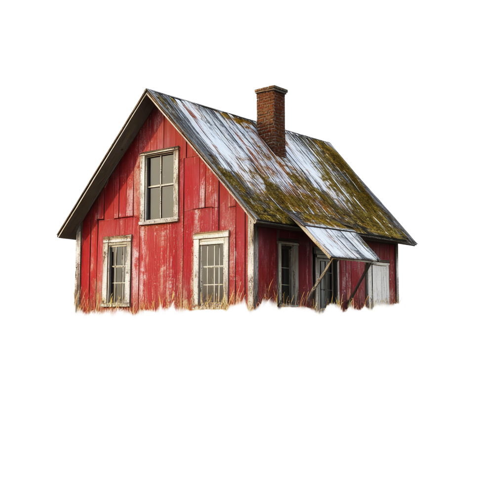 A charming small farmhouse surrounded by tall grass in an isolated landscape, small farm house, isolated transparent background png