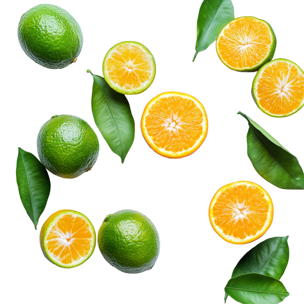 Fresh green and orange tangerines arranged artistically on a transparent background with leaves accentuating their colors, green orange tangerine on transparent background png