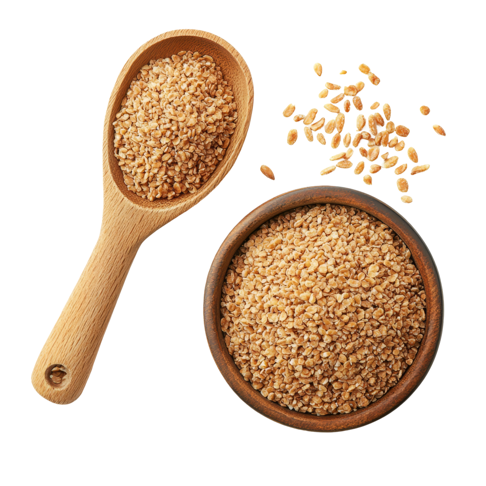 Wheat germ in a wooden bowl and scoop placed on transparent surface, showcasing healthy food options for nutrition, Wheat germ in a bowl and scoop on transparent background png