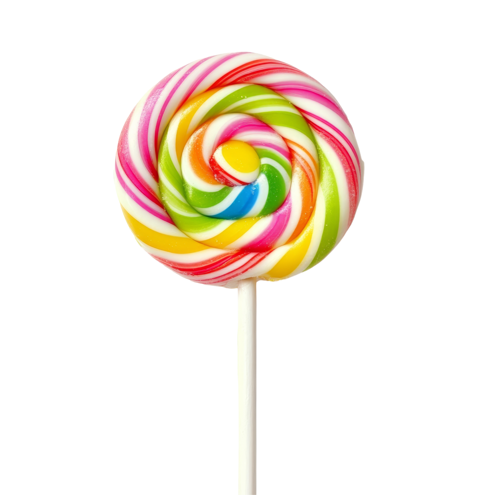 Brightly colored lollipop candy on a clean transparent background showcasing playful swirls and vibrant stripes, lollipop candy isolated on transparent background png