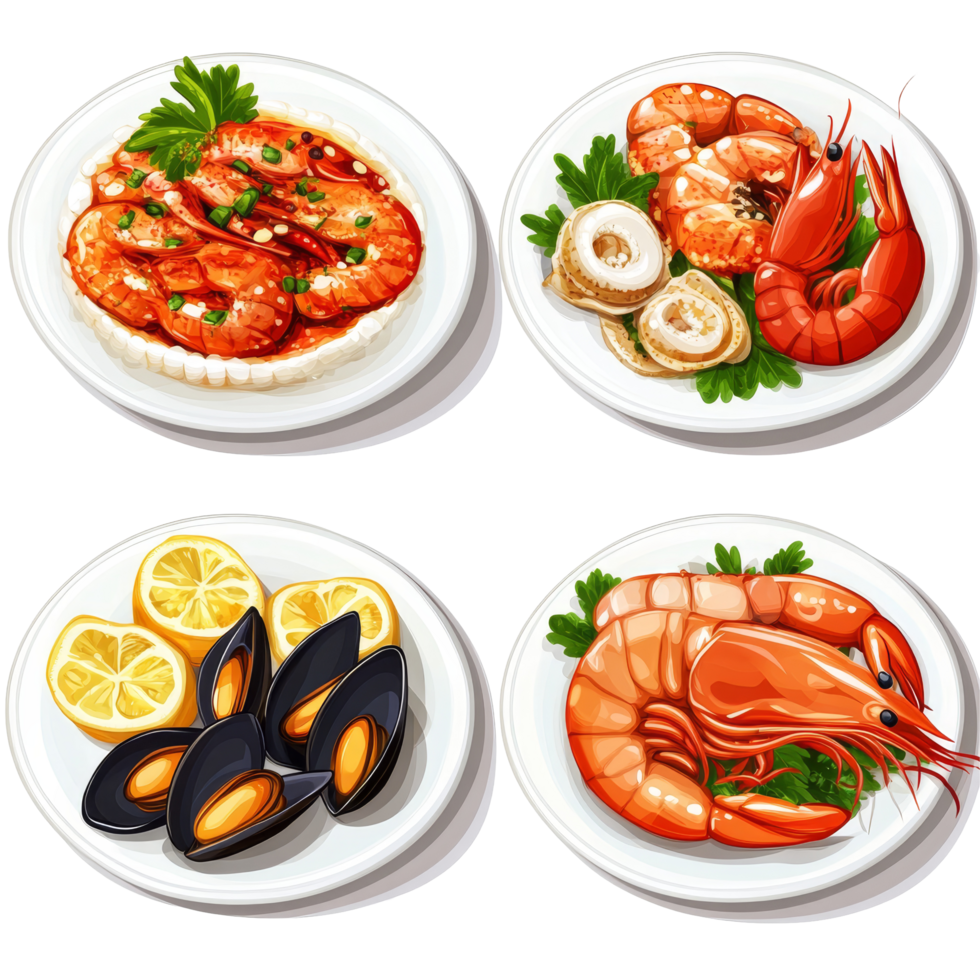 Delicious seafood plates featuring shrimp, squid, and mussels served with lemon and herbs, plates with seafood cuisine dish, shrimps, squid, mussels, isolated on transparent background png