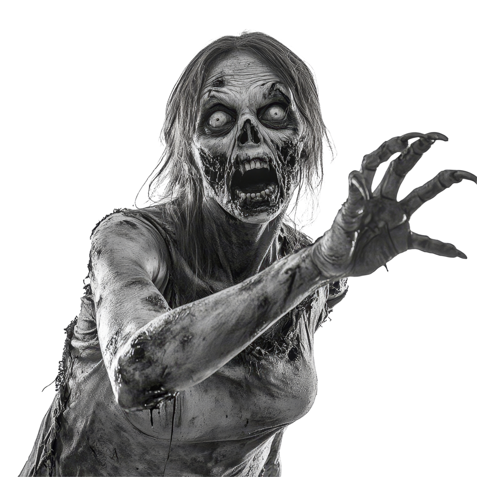 Female zombie with clawed hands reaching out against a plain transparent background in a haunting display, Female Zombie Reaching Out with Claws on transparent background png