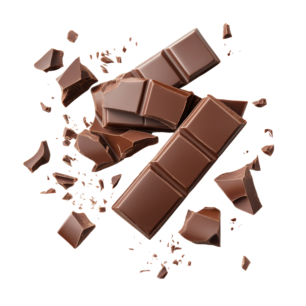 Realistic chocolate bar pieces scattered on a clean transparent background in a delightful arrangement, Realistic chocolate bar pieces on transparent background. Chocolate transparent background png