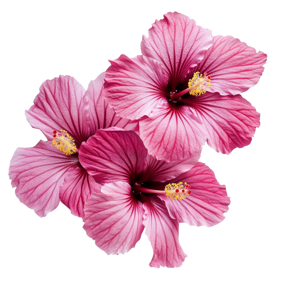 Vibrant pink hibiscus flowers on a transparent background showcase intricate petal patterns, of hibiscus flowers isolated on transparent background png